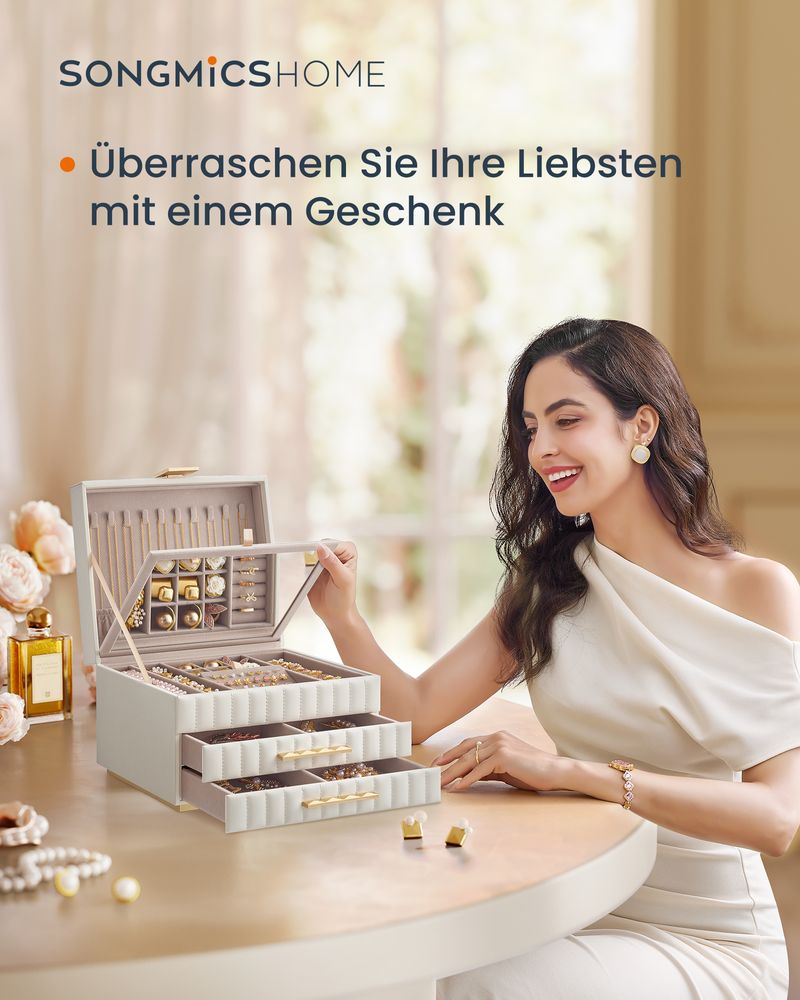 Songmics Home Anah Collection Κουτί Αποθήκευσης Κοσμημάτων με 3 Επίπεδα και Καθρέπτη - Cloud White - JBC183W01