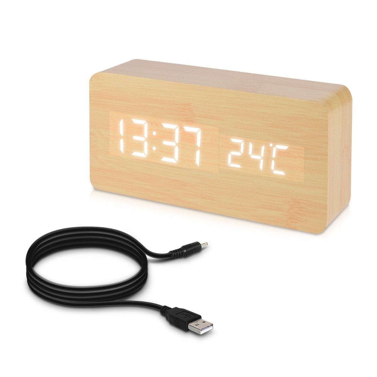 Kwmobile Digital Alarm LED Clock - Ψηφιακό Επιτραπέζιο Ρολόι και Ξυπνητήρι - Wooden Design - White LED - 38876