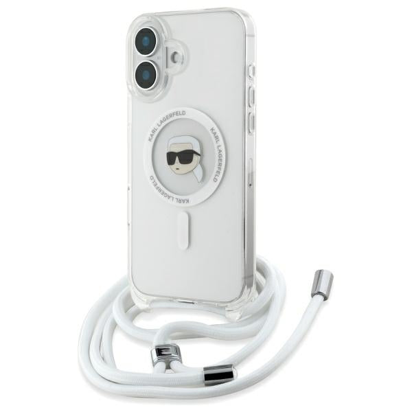 Karl Lagerfeld iPhone 16 - Crossbody IML Karl Head - MagSafe Σκληρή Θήκη με Πλαίσιο Σιλικόνης και Λουράκι - Διάφανη - KLHMP16SHCKHNT