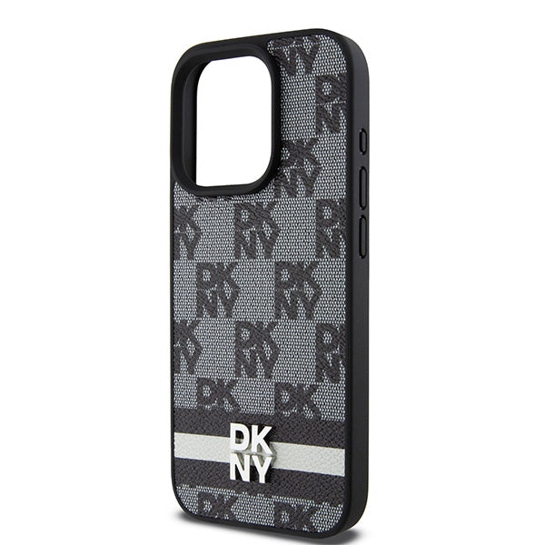 DKNY iPhone 15 Pro Max - Leather Checkered Mono Pattern and Printed Stripes - Σκληρή Θήκη με Επένδυση Συνθετικού Δέρματος - Black