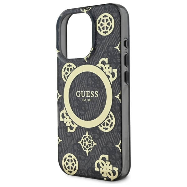Guess iPhone 16 Pro - IML Peony On 4G Background MagSafe - Θήκη με Επένδυση Συνθετικού Δέρματος - Black - GUHMP16LH4PYEEK