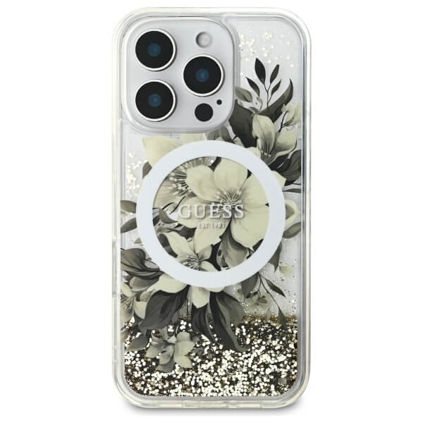 Guess iPhone 16 Pro - Liquid Glitter Flower MagSafe - Σκληρή Θήκη με Πλαίσιο Σιλικόνης - Beige - GUHMP16LLFMWTE