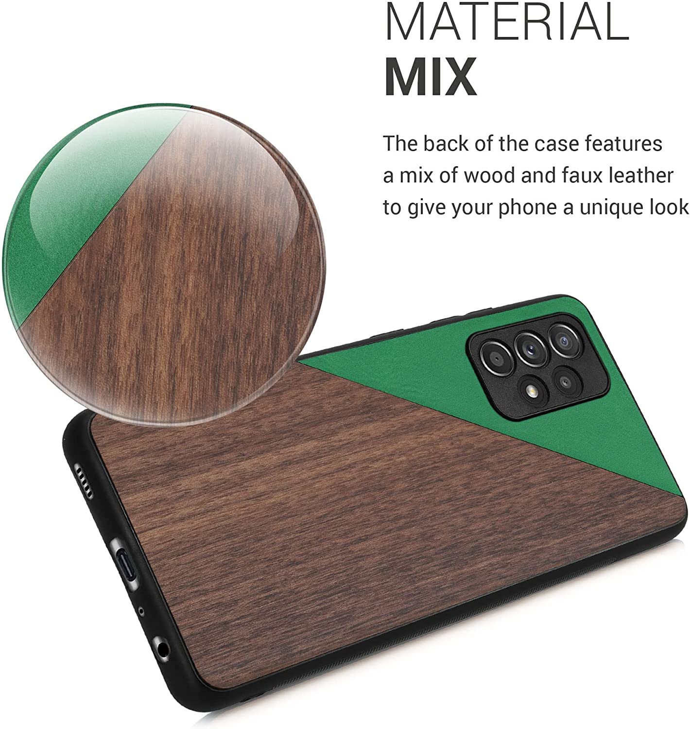 KW Samsung Galaxy A52 / A52 5G / A52s 5G Θήκη από Φυσικό Ξύλο και Συνθετικό Δέρμα - Dark Green / Brown - 54954.03
