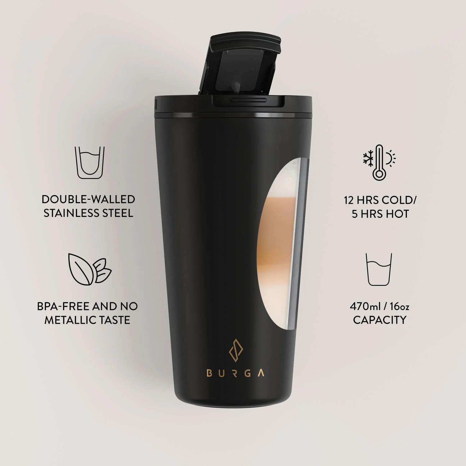 Burga COFFEE-CUP Κούπα Θερμός από Ανοξείδωτο Ατσάλι - 470ml - SolidBlack