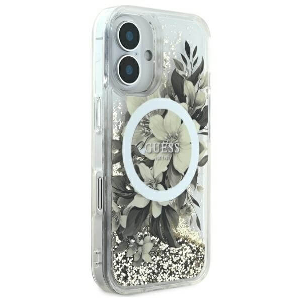 Guess iPhone 16 - Liquid Glitter Flower MagSafe - Σκληρή Θήκη με Πλαίσιο Σιλικόνης - Beige - GUHMP16SLFMWTE