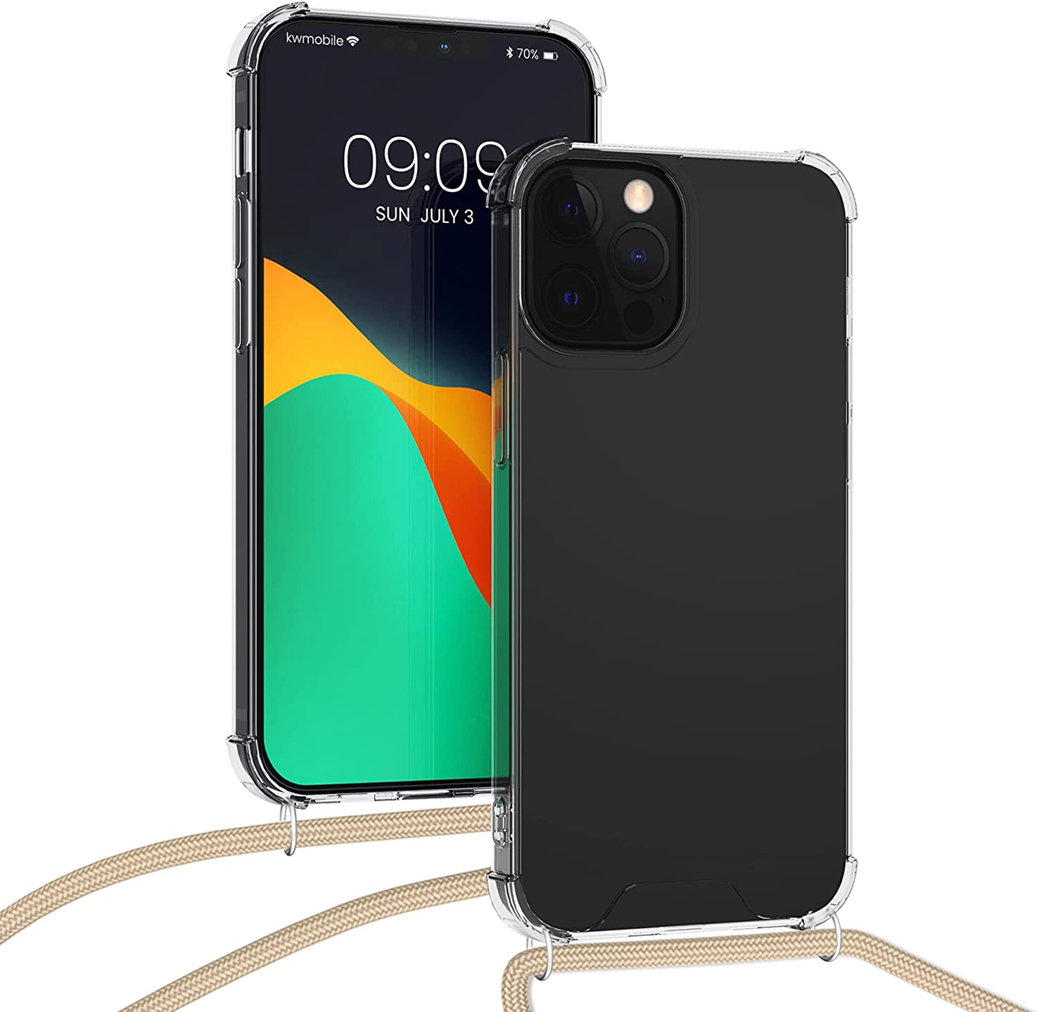 KW iPhone 13 Pro Θήκη Σιλικόνης TPU με Λουράκι - Διάφανη / Gold - 55963.21