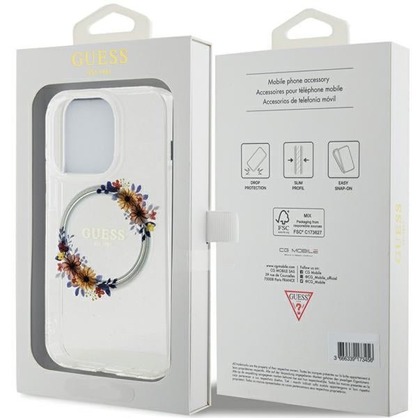 Guess iPhone 15 Pro IML Flowers Wreatch MagSafe Σκληρή Θήκη με Πλαίσιο Σιλικόνης και MagSafe - Διάφανη - GUHMP15LHFWFCT