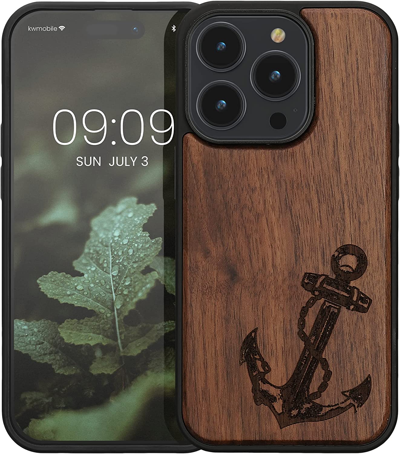 KW iPhone 14 Pro Θήκη από Φυσικό Ξύλο - Design Vintage Anchor - Dark Brown - 59126.04
