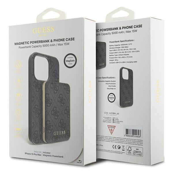 Guess iPhone 15 Pro Max - 4G Metal Logo Σετ MagSafe Σκληρή Θήκη με Επένδυση Συνθετικού Δέρματος και Powerbank 5000mAh - Black - GUBPM5P15X4GEMGK