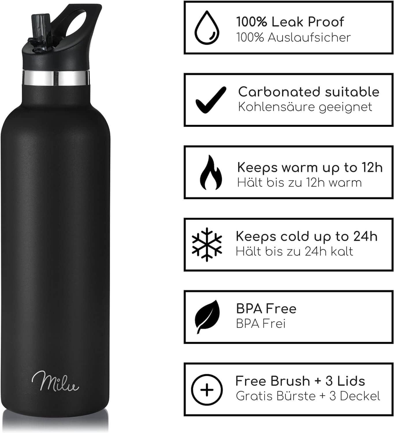 Milu T6 Μπουκάλι Θερμός από Ανοξείδωτο Ατσάλι 3 σε 1 - 750ml - Black Matt - 5006