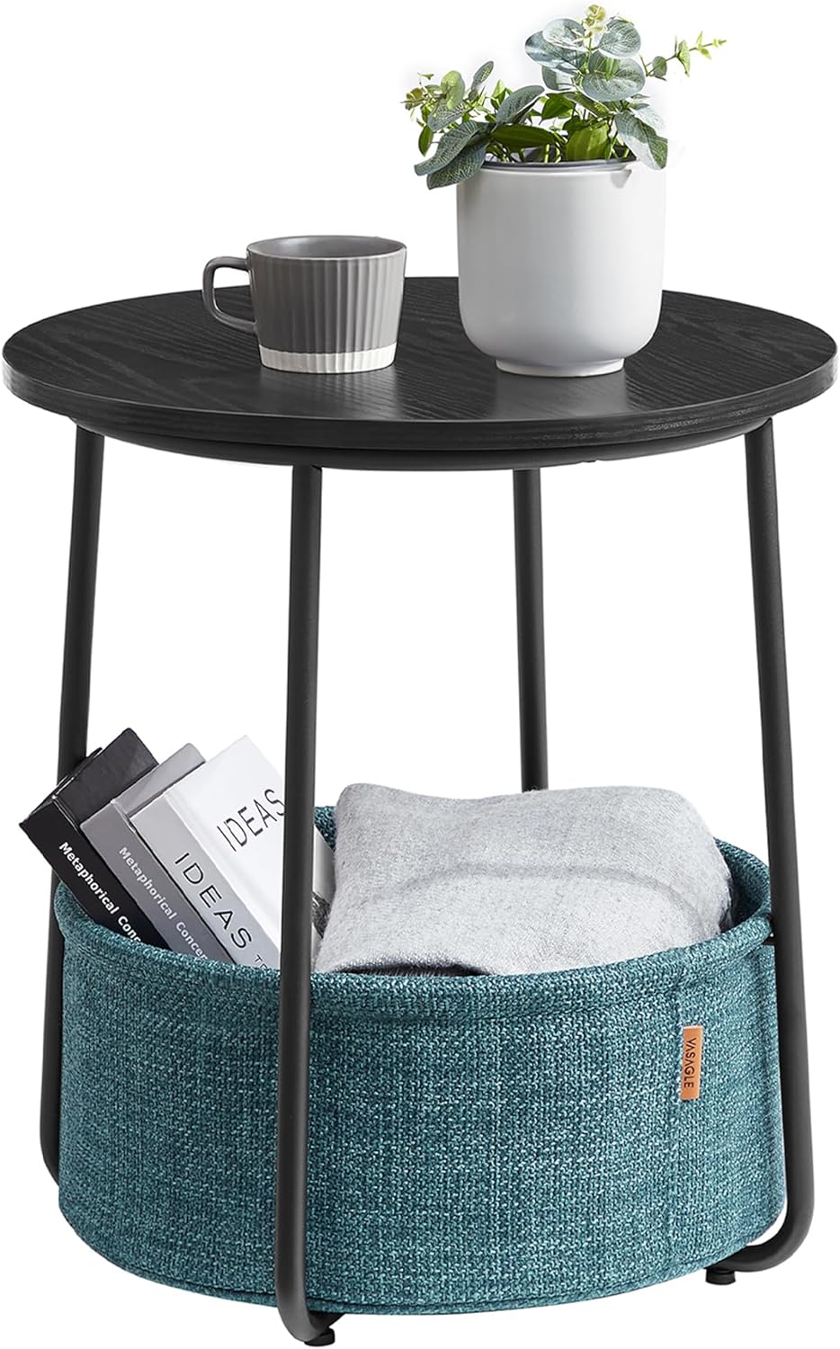Vasagle Στρόγγυλο Βοηθητικό Τραπέζι με Υφασμάτινο Καλάθι Αποθήκευσης - Black Wood / Dark Turquoise - LET223B56