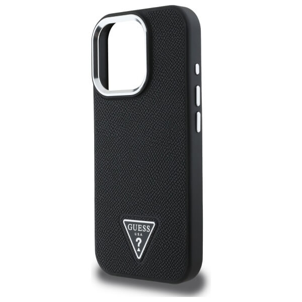 Guess iPhone 16 Pro Max - Grained Triangle MagSafe - Σκληρή Θήκη με Επένδυση Συνθετικού Δέρματος και Πλαίσιο Σιλικόνης - Black - GUHMP16XPGTSPSK