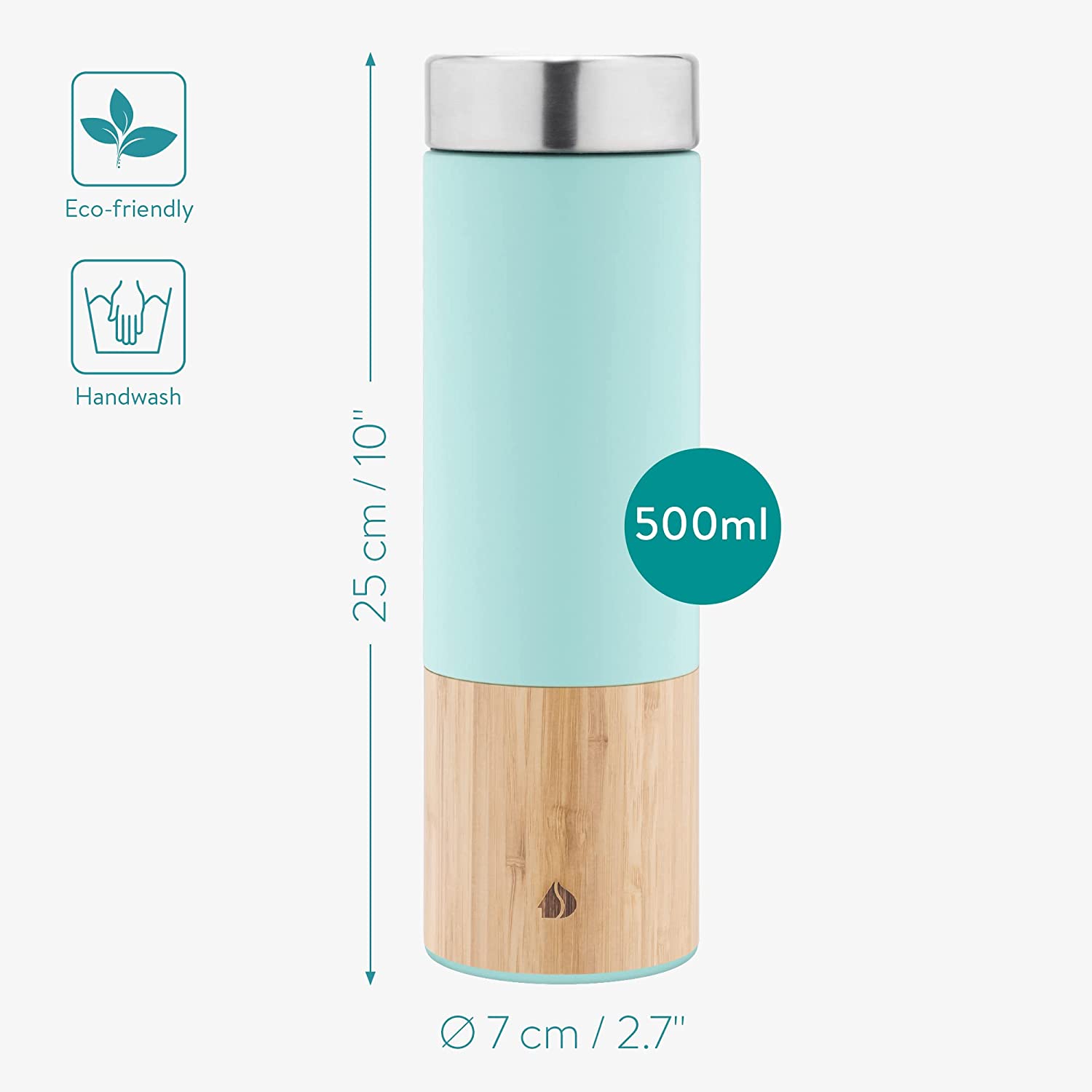 Navaris Tea Bottle Μπουκάλι Τσαγιού από Μπαμπού και Ανοξείδωτο Ατσάλι - 500ml - Turquoise - 54268.2.37