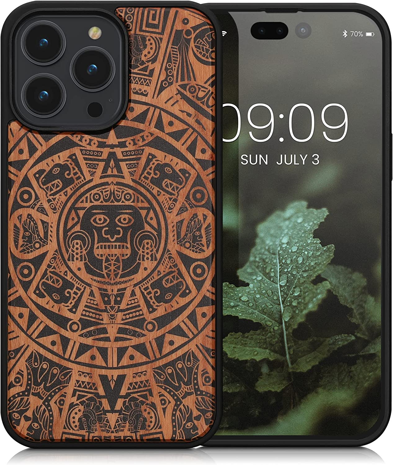 KW iPhone 14 Pro Max Θήκη από Φυσικό Ξύλο Design Mayan Calendar - Brown / Black - 59127.02
