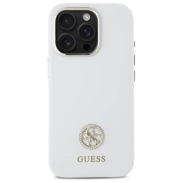 Guess iPhone 16 Pro Max - Silicone Logo Strass 4G - Σκληρή Θήκη με Πλαίσιο Σιλικόνης - White - GUHCP16XM4DGPH