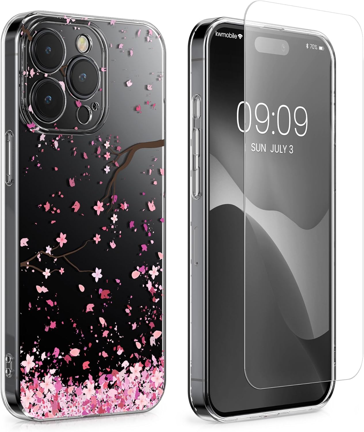 KW iPhone 15 Pro Θήκη Σιλικόνης TPU με Αντιχαρακτικό Γυαλί - Design Cherry Blossom Petals - Pink / Dark Brown / Διάφανη