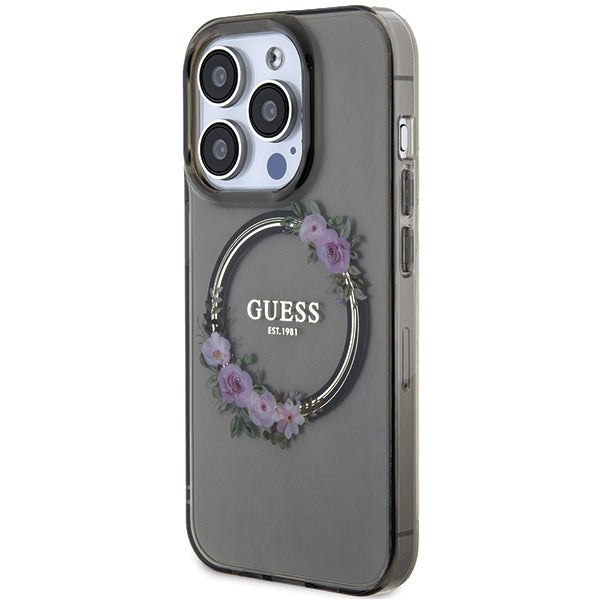 Guess iPhone 15 Pro IML Flowers Wreatch MagSafe Σκληρή Θήκη με Πλαίσιο Σιλικόνης και MagSafe - Black - GUHMP15LHFWFCK