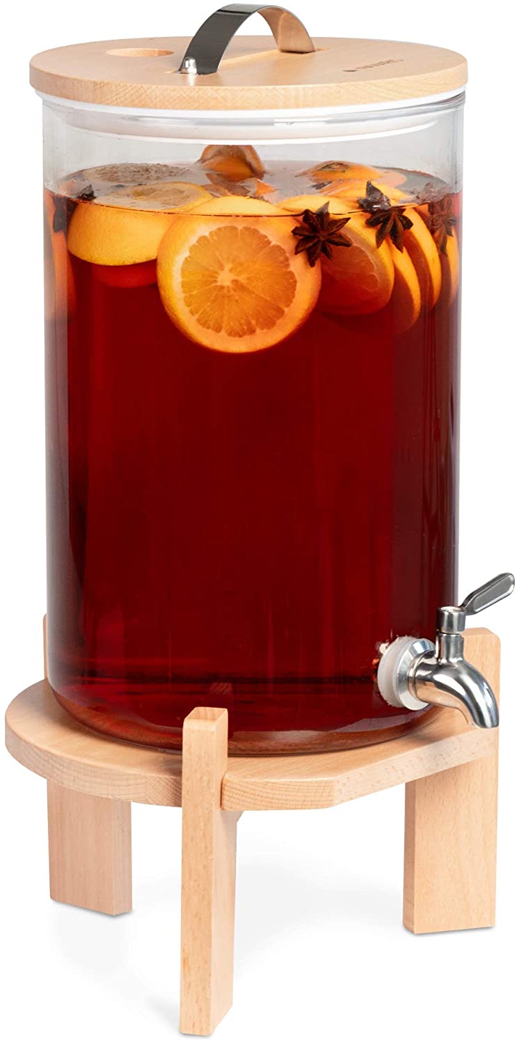 Navaris Glass Beverage Drink Dispenser Γυάλινος Διανεμητής Ποτού με Ξύλινη Βάση - 7L - Brown - 46785.05