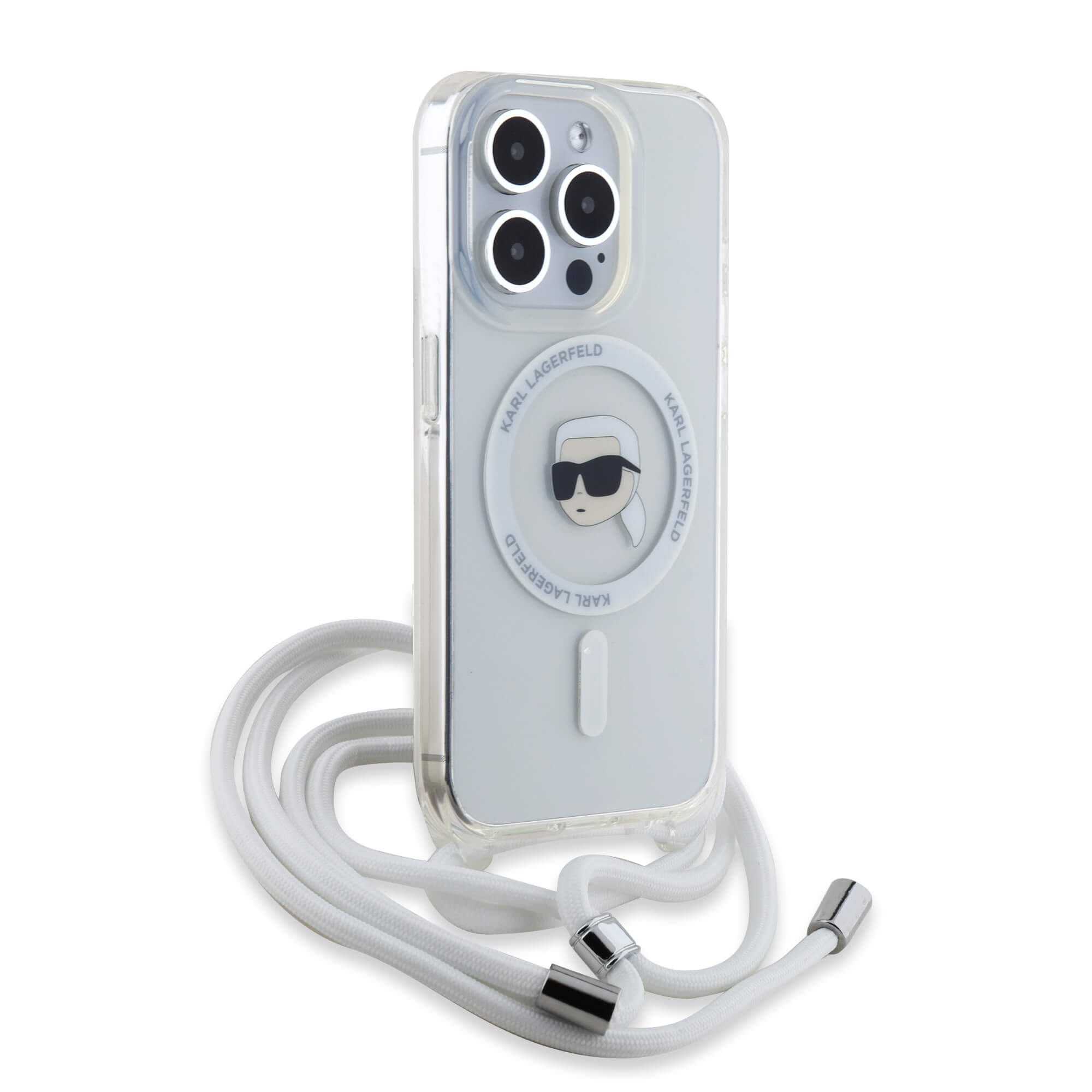 Karl Lagerfeld iPhone 15 Pro - Crossbody IML Karl Head - MagSafe Σκληρή Θήκη με Πλαίσιο Σιλικόνης και Λουράκι - Διάφανη - KLHMP15LHCKHNT