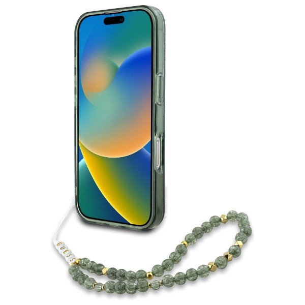 Guess iPhone 16 Pro Max - IML Flowers Allover Electro With Pearl Strap MagSafe - Σκληρή Θήκη με Πλαίσιο Σιλικόνης και Λουράκι - Green - GUHMP16XHCPOFPA