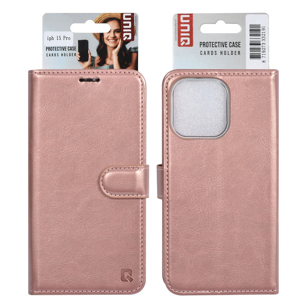 Tuniq iPhone 15 Pro - Θήκη Πορτοφόλι Stand από Δερματίνη - Rose Gold