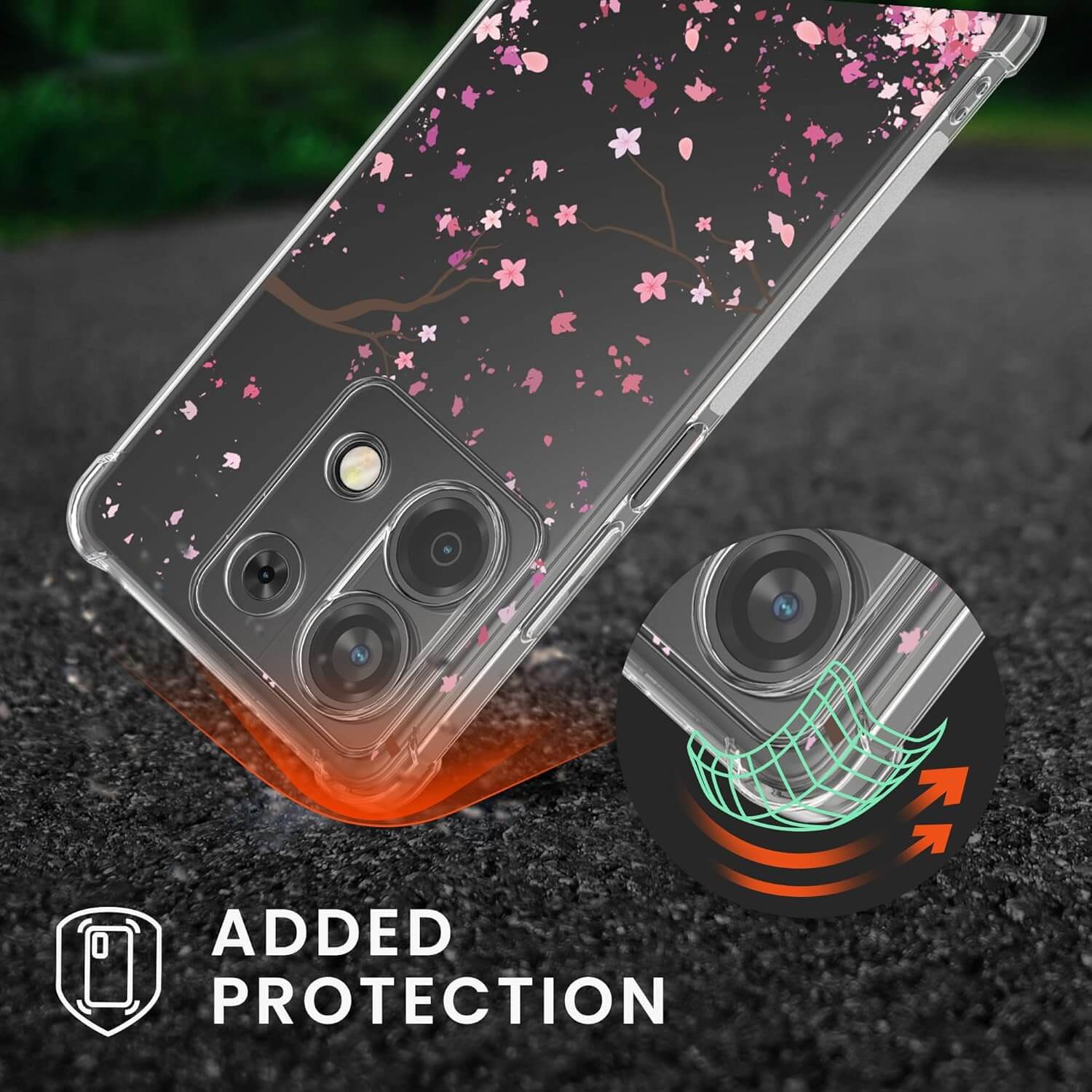 KW Xiaomi Redmi Note 13 5G Θήκη Σιλικόνης TPU με Λουράκι - Design Cherry Blossom Leaves - Pink / Dark Brown / Διάφανη