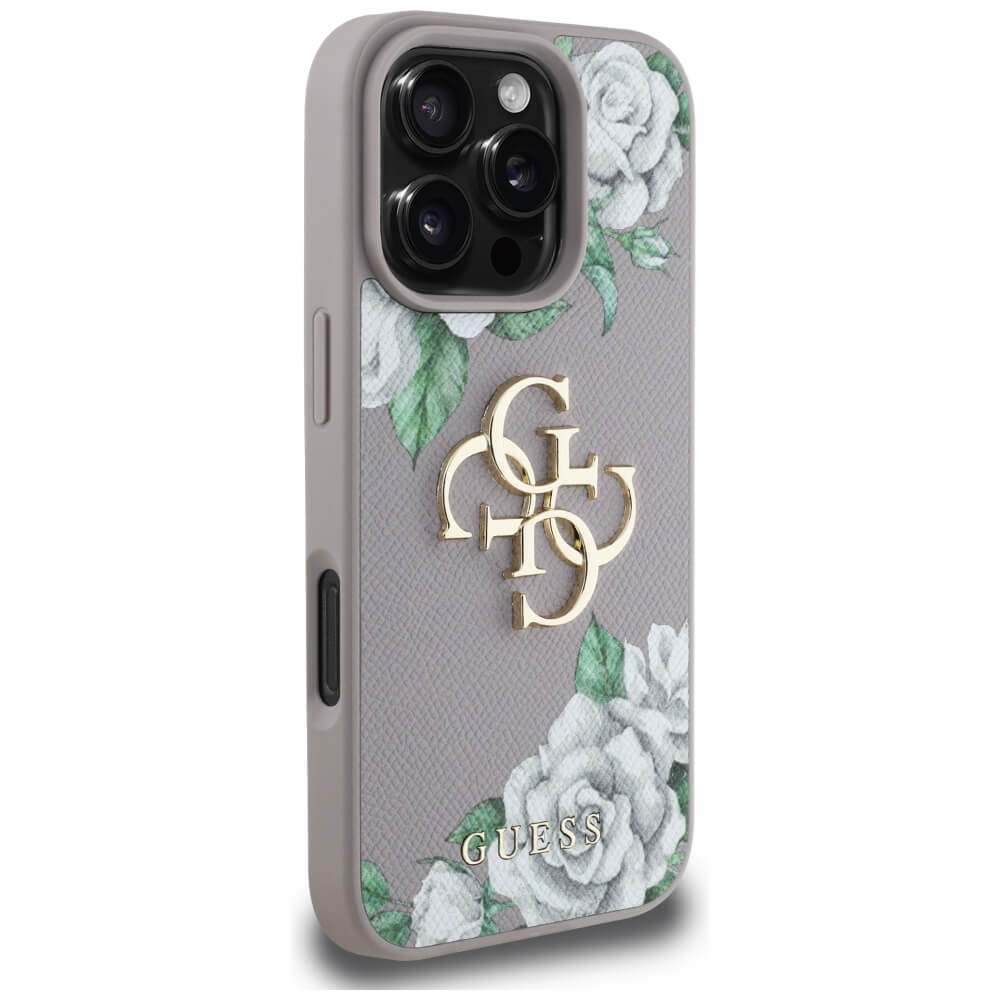 Guess iPhone 16 Pro Max - Grained Roses Big 4G Logo - Σκληρή Θήκη με Επένδυση από Οικολογικό Δέρμα - Purple - GUHCP16XPGROP4MU