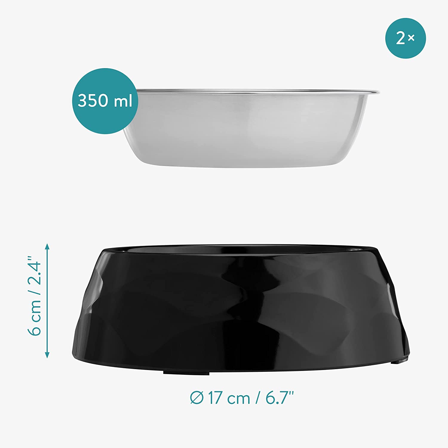 Navaris Σετ με 2 Ανοξείδωτα Αντιολισθητικά Μπολ Φαγητού και Νερού για Κατοικίδια - 350 ml - Black / Silver - 57479.01