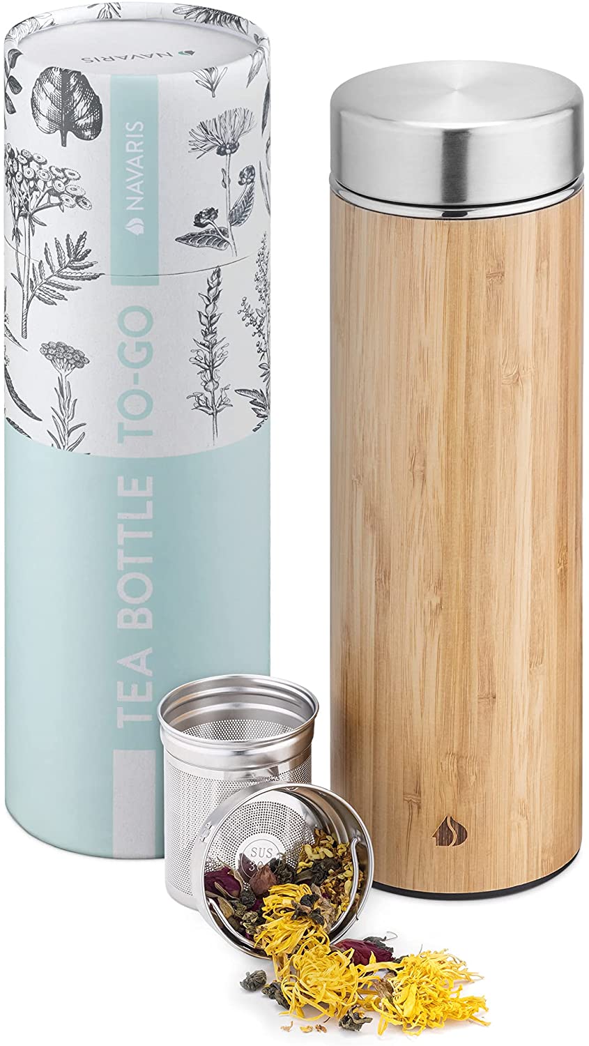 Navaris Tea Bottle Μπουκάλι Τσαγιού από Μπαμπού και Ανοξείδωτο Ατσάλι - 500ml - Mint Green - 54268.2.71
