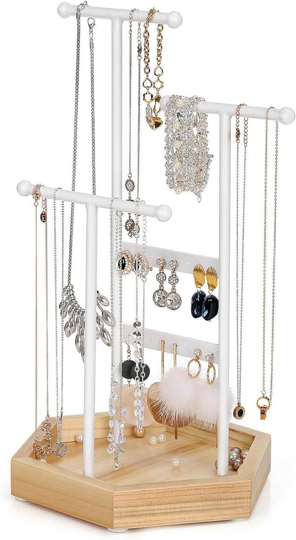 Songmics Μεταλλικό Stand Κοσμημάτων με Ξύλινη Βάση - White / Natural - JJS03NW