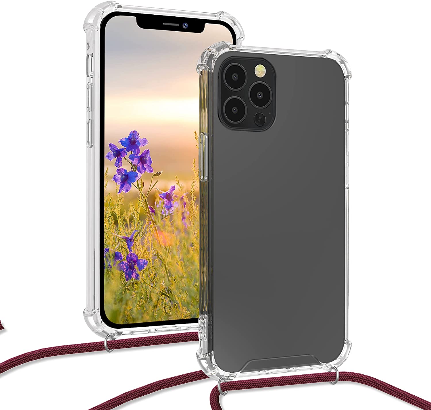 KW iPhone 12 / iPhone 12 Pro Θήκη Σιλικόνης TPU με Λουράκι - Διάφανη - Dark Red - 52730.20