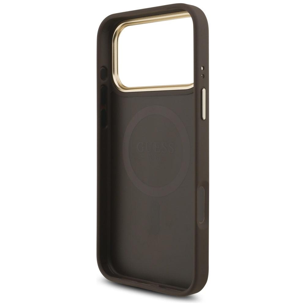 Guess iPhone 17 Pro Max - 4G Triangle Strass Logo MagSafe - Σκληρή Θήκη με Επένδυση Συνθετικού Δέρματος - Brown / Gold - GUHMP17XP4GTDGMW