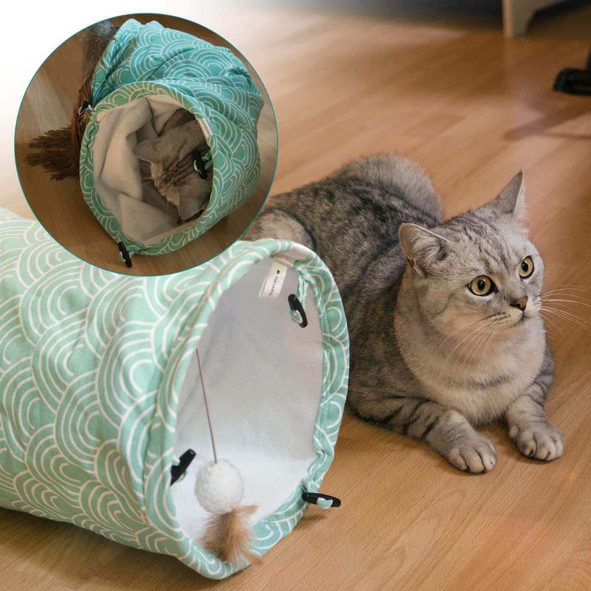 Navaris Cat Tunnel Play Παιχνίδι Σήραγγα για Μικρά Κατοικίδια - Design Japanese Waves - 60 x 25 cm - Turquoise - 48347.01