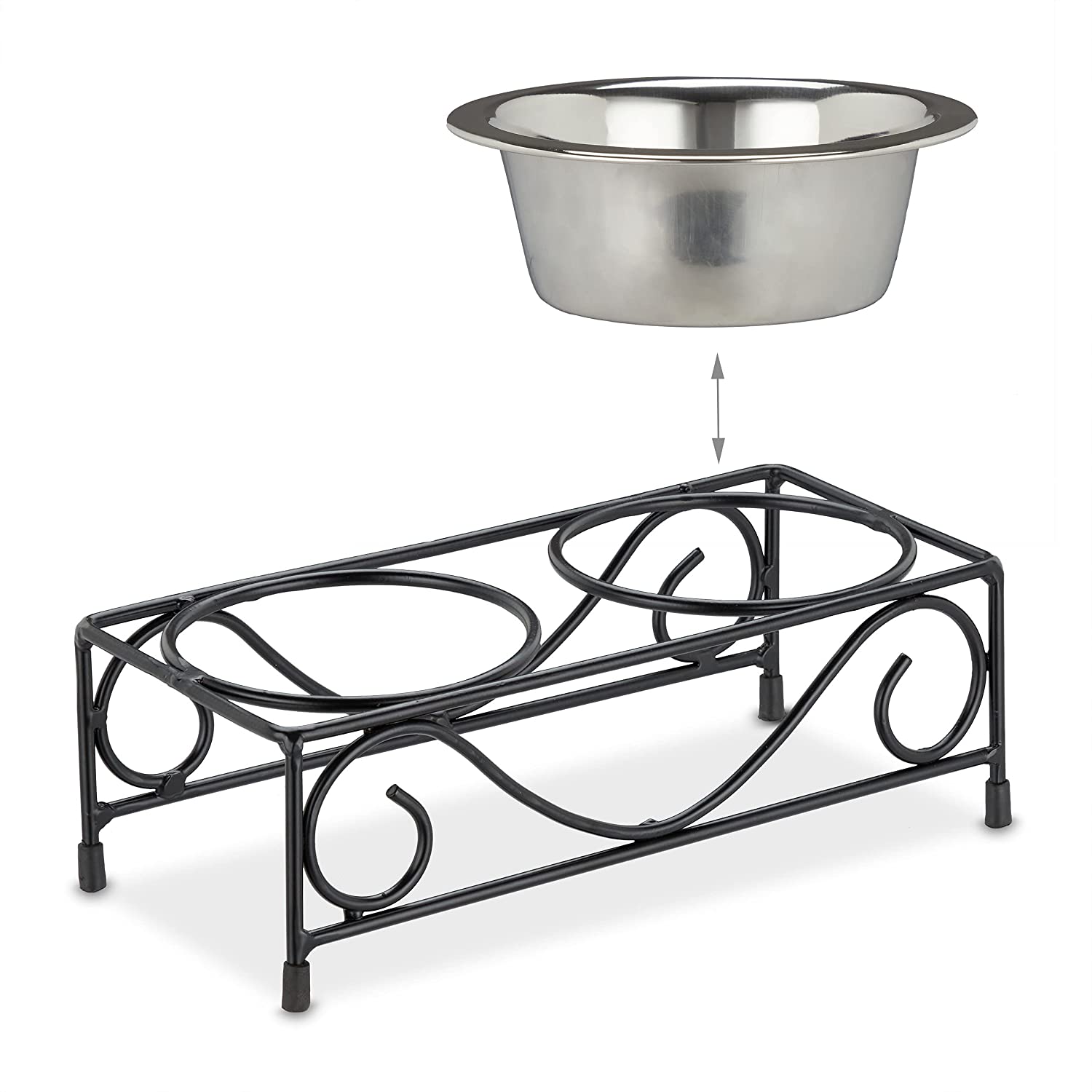 Relaxdays Σιδερένια Βάση με 2 Μπολ από Ανοξείδωτο Ατσάλι για Κατοικίδια - 300 ml - Silver / Black - 4052025373887