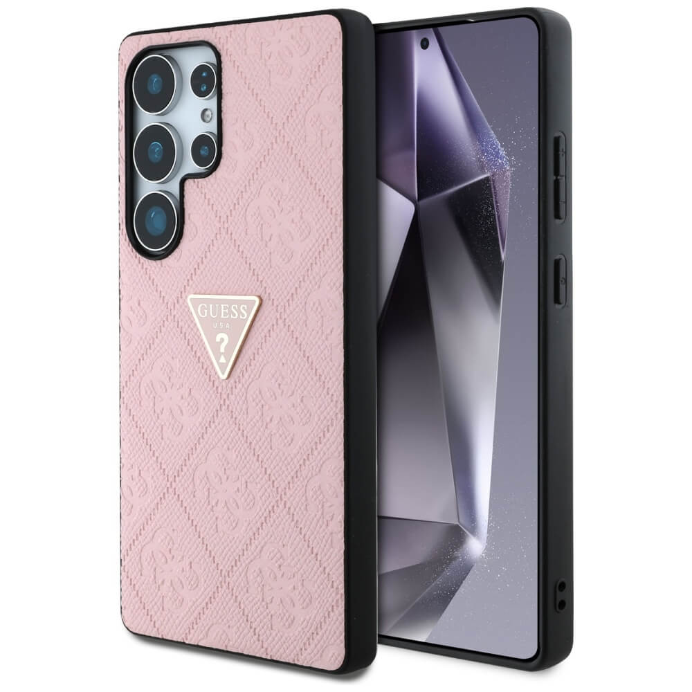 Guess Samsung Galaxy S25 Ultra - Hot Stamp 4G Pattern Triangle Metal Logo - Θήκη με Επένδυση Συνθετικού Δέρματος και Πλαίσιο Σιλικόνης - Pink - GUHCS25LPGP4STRP