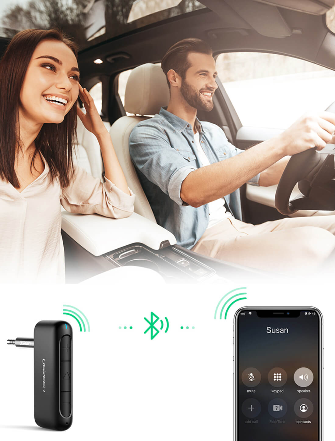Ugreen CM276 Audio Transmitter AUX Bluetooth 5.0 Car Receiver για Αναπαραγωγή Μουσικής / Κλήσεις στο Αυτοκίνητο - Black