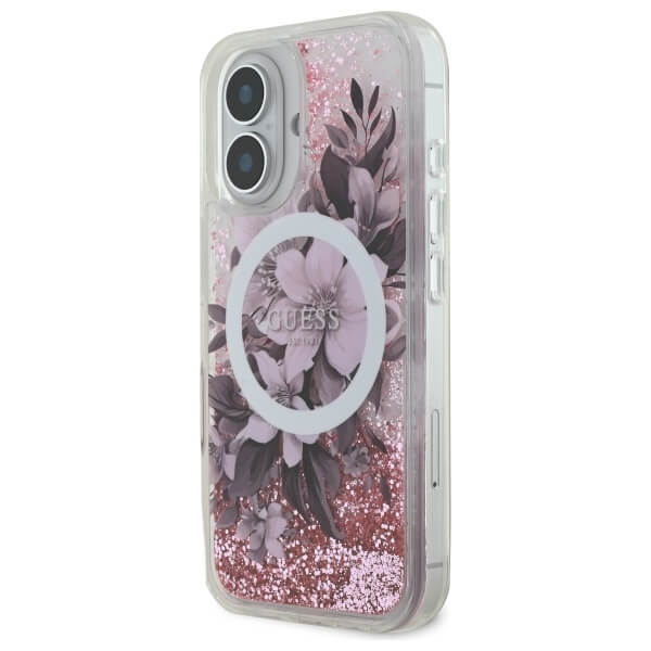 Guess iPhone 16 - Liquid Glitter Flower MagSafe - Σκληρή Θήκη με Πλαίσιο Σιλικόνης - Pink - GUHMP16SLFMWTP