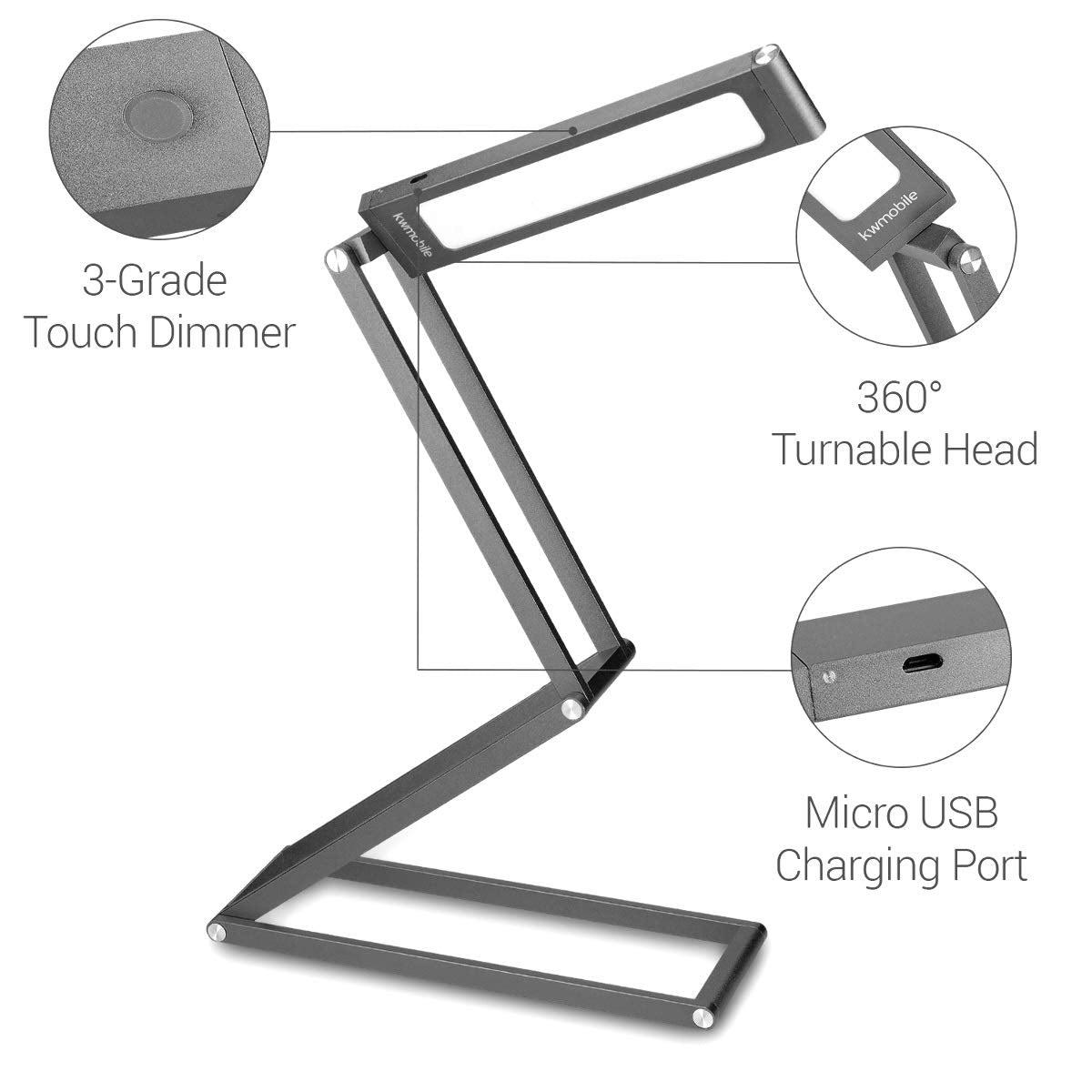 KW LED Folding Desk Lamp Επαναφορτιζόμενο Αναδιπλούμενο Μεταλλικό Φωτιστικό με καλώδιο Micro USB - Anthracite - 45535.73