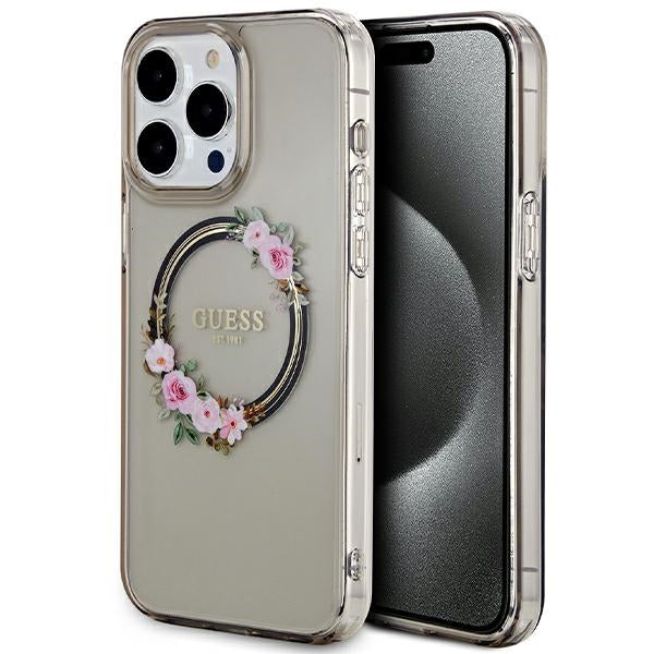 Guess iPhone 15 Pro Max IML Flowers Wreatch MagSafe Σκληρή Θήκη με Πλαίσιο Σιλικόνης και MagSafe - Black - GUHMP15XHFWFCK