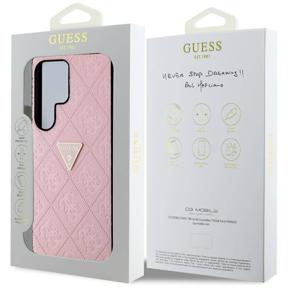 Guess Samsung Galaxy S25 Ultra - Hot Stamp 4G Pattern Triangle Metal Logo - Θήκη με Επένδυση Συνθετικού Δέρματος και Πλαίσιο Σιλικόνης - Pink - GUHCS25LPGP4STRP