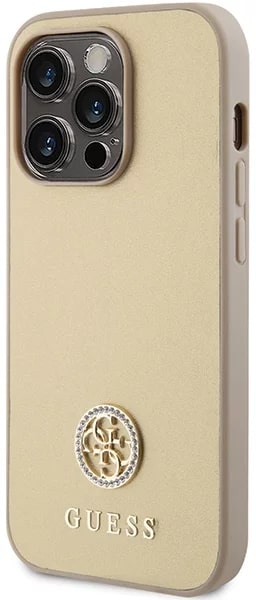 Guess iPhone 15 Pro 4G Strass Metal Logo Θήκη με Επένδυση Συνθετικού Δέρματος - Gold - GUHCP15LPS4DGPD