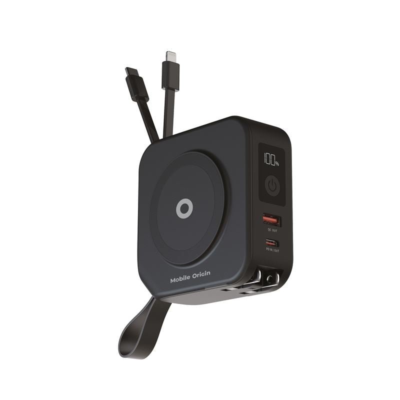 Mobile Origin Powerbank 10000mAh & Φορτιστής Ταξιδίου 15W με Ενσωματωμένα Καλώδια Lightning και Type - C - Black