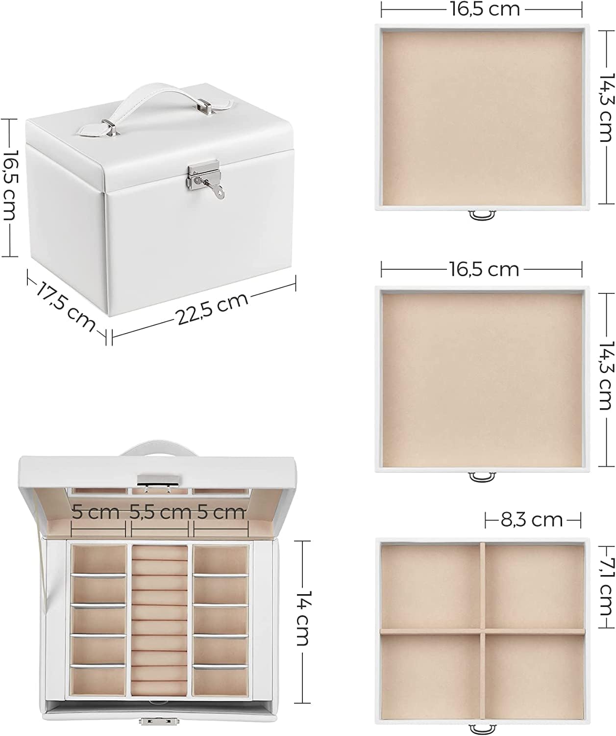 Songmics Φορητό Κουτί Αποθήκευσης Κοσμημάτων 4 Επιπέδων με Καθρέπτη και Κλειδαριά - White - JBC159W01