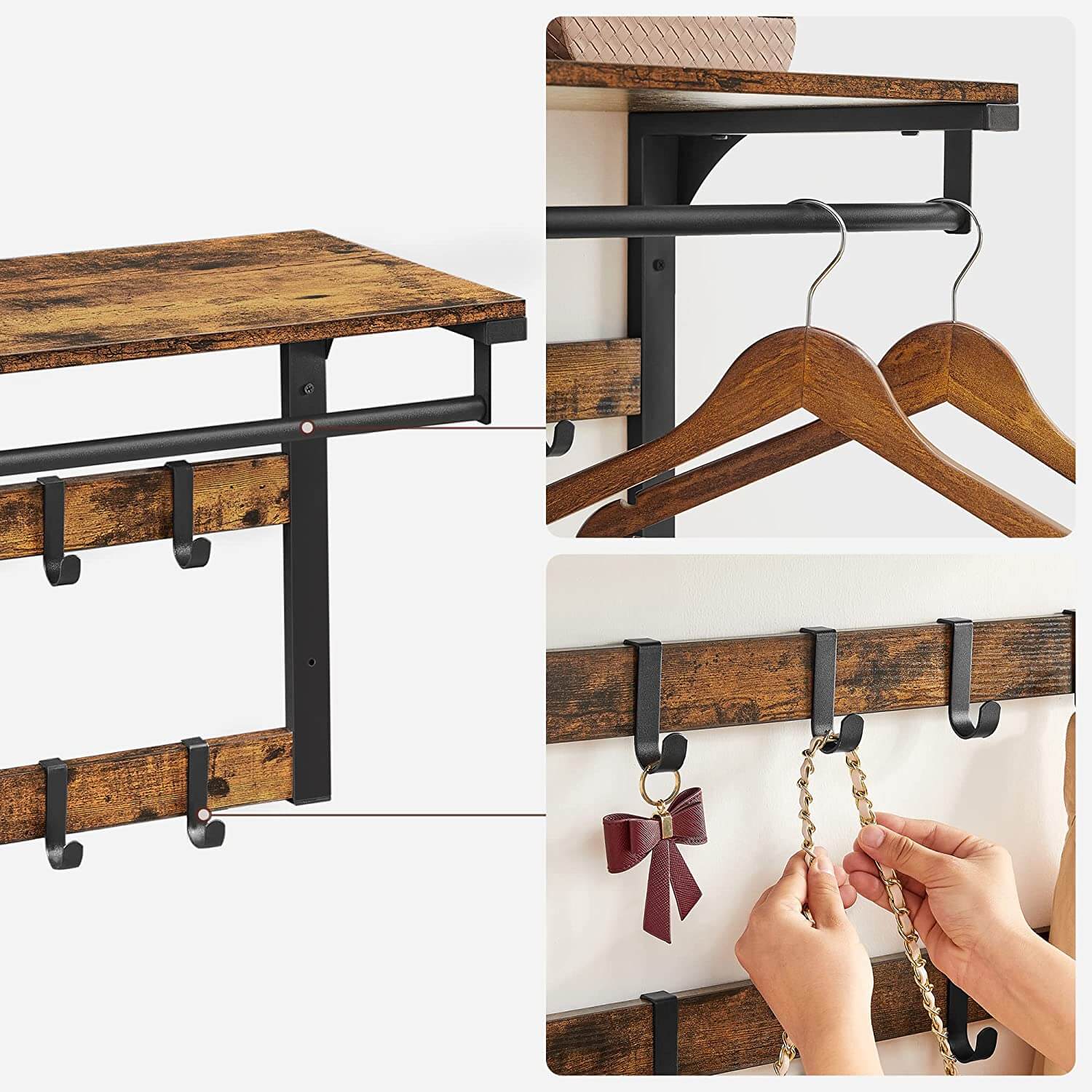 Vasagle Επιτοίχια Κρεμάστρα με 10 Αφαιρούμενους Γάντζους - 65 x 30 x 42 cm - Vintage Brown / Black - LCR101B01