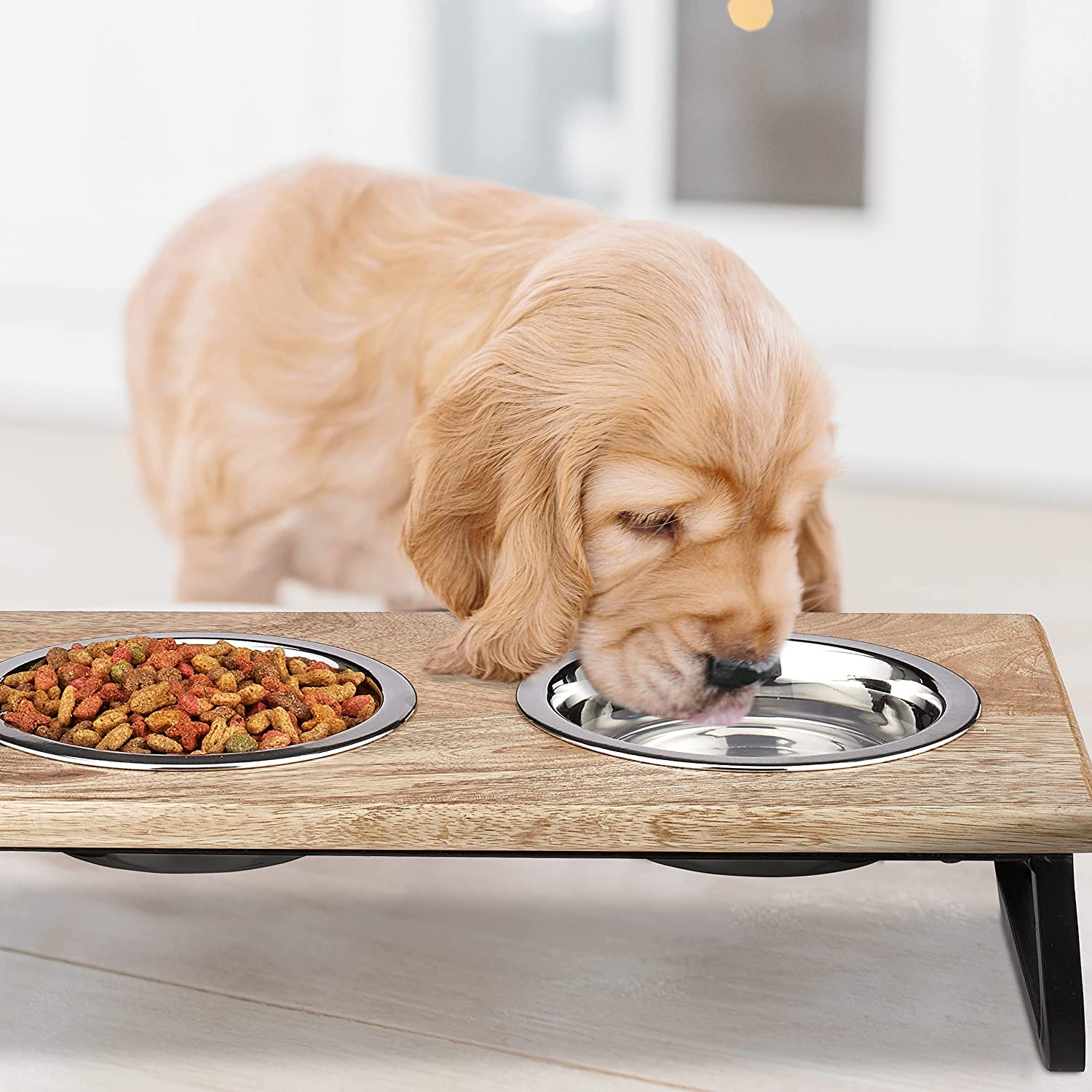 Relaxdays Ξύλινη Βάση από Μάνγκο με 2 Μπολ από Ανοξείδωτο Ατσάλι για Κατοικίδια - 250 ml - Natural / Silver - 4052025373818