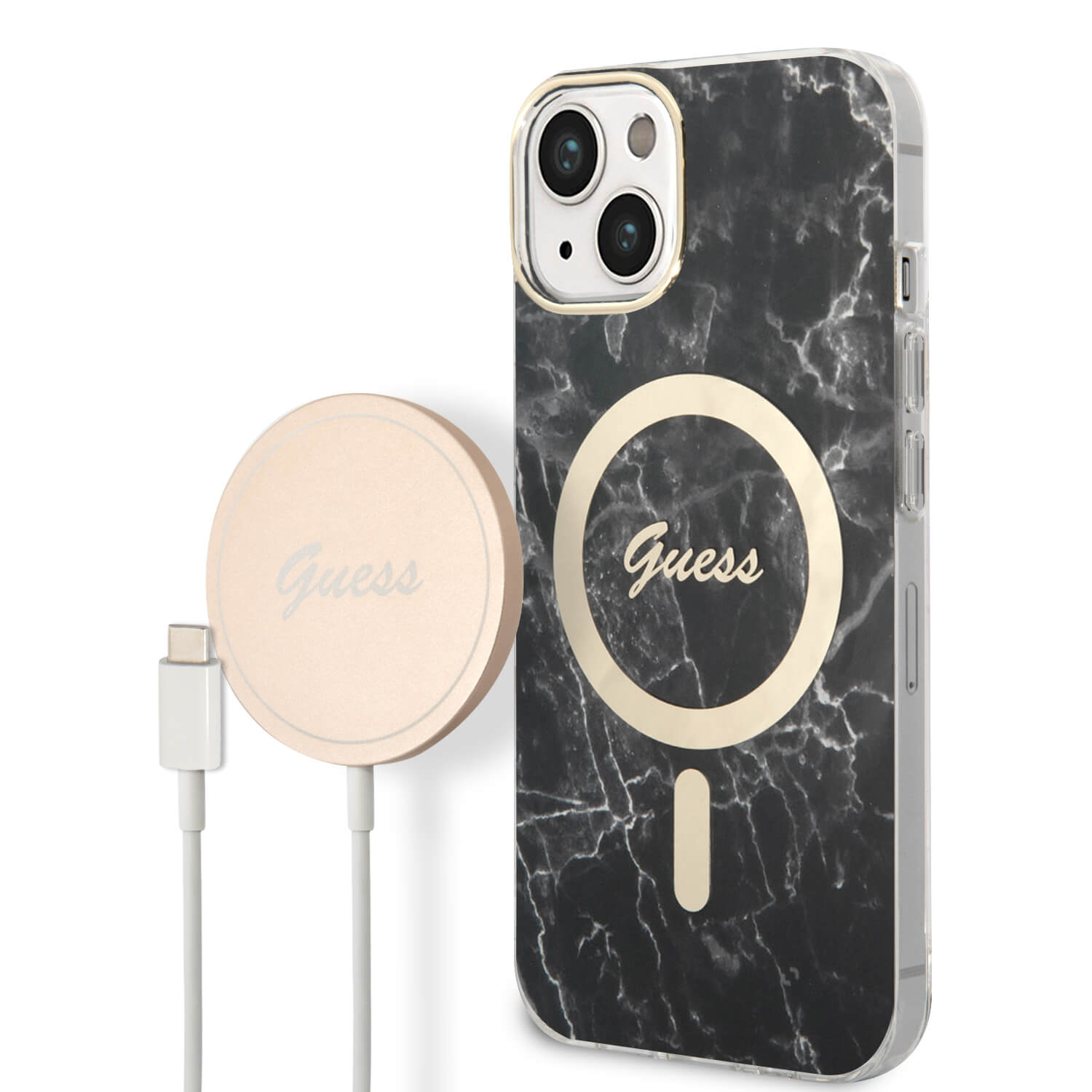 Guess iPhone 15 / 14 / 13 - Bundle Pack - Σετ Σκληρή Θήκη με Πλαίσιο Σιλικόνης και Ασύρματος Φορτιστής MagSafe - Design Marble MagSafe - Black - GUBPP14SHMEACSK