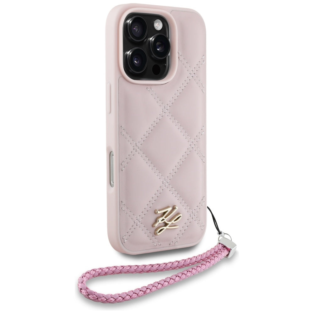 Karl Lagerfeld iPhone 16 Pro Max - Quilted Initial Logo and Chain Strap - Θήκη με Επένδυση Συνθετικού Δέρματος και Λουράκι - Pink - KLHCP16XPSQSKLSMSP