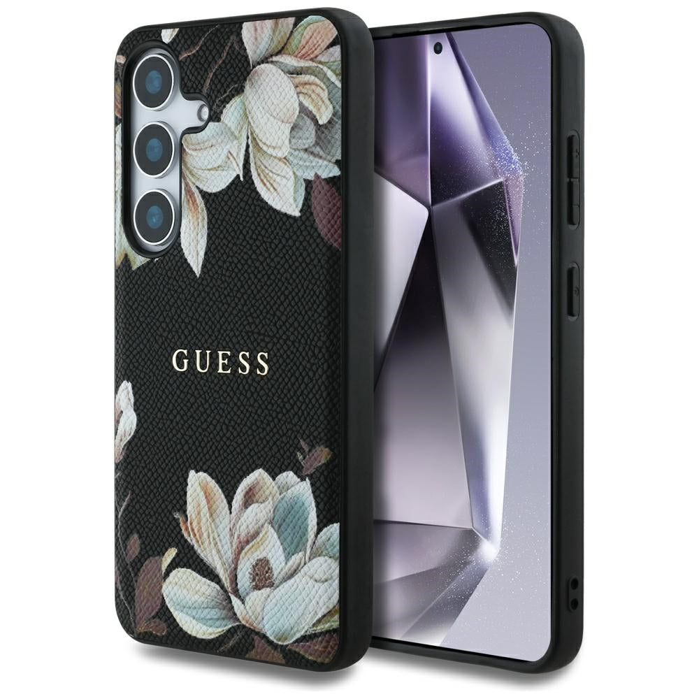 Guess Samsung Galaxy S25 - Grained Printed Flower Pattern - Θήκη με Επένδυση Συνθετικού Δέρματος και MagSafe - Black - GUHMS25SPGNMPLMK