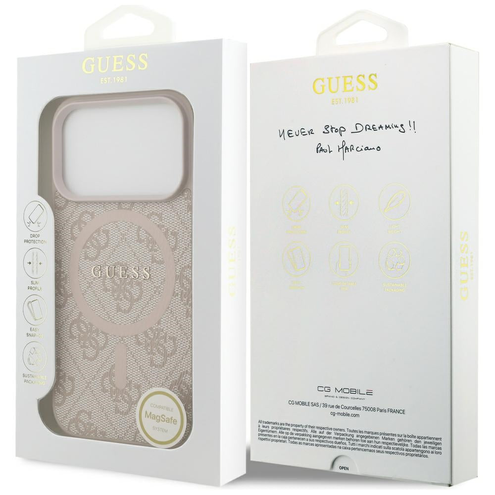 Guess iPhone 17 Pro - 4G Ring Classic Logo MagSafe - Σκληρή Θήκη με Πλαίσιο Σιλικόνης και Επένδυση Συνθετικού Δέρματος - Pink - GUHMP17LG4GFRP