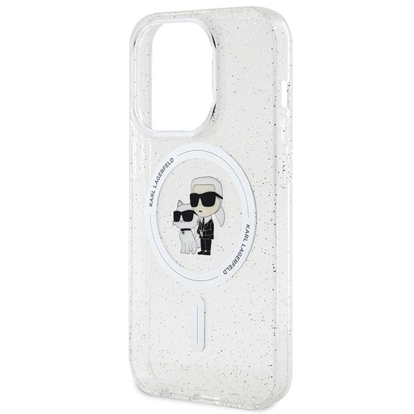 Karl Lagerfeld iPhone 15 Pro - Karl and Choupette Glitter Magsafe Σκληρή Θήκη με Πλαίσιο Σιλικόνης και MagSafe - Διάφανη - KLHMP15LHGKCNOT